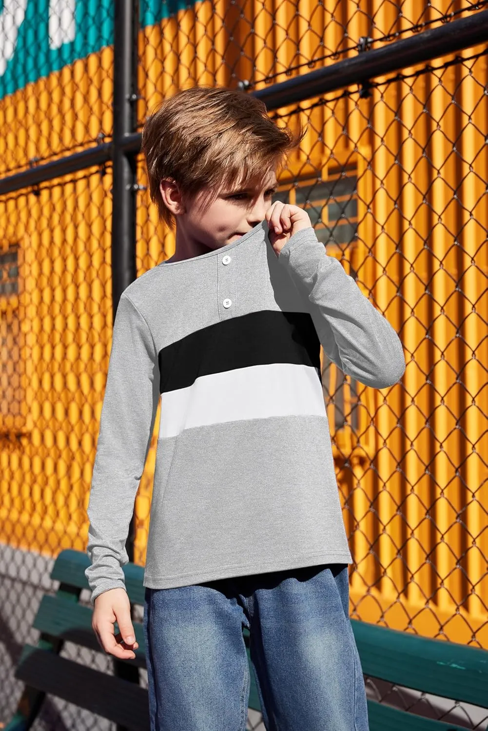 Arshiner Kids Boys Henley Shirts Cotton Long Sleeve T-Shirts Color Block Tee