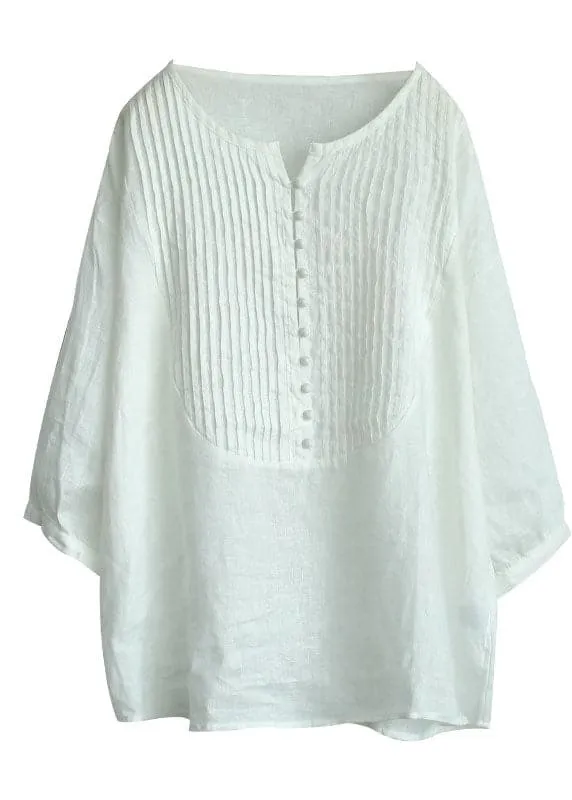 Beautiful White O-Neck Solid Color Linen Tank Tops Bracelet Sleeve