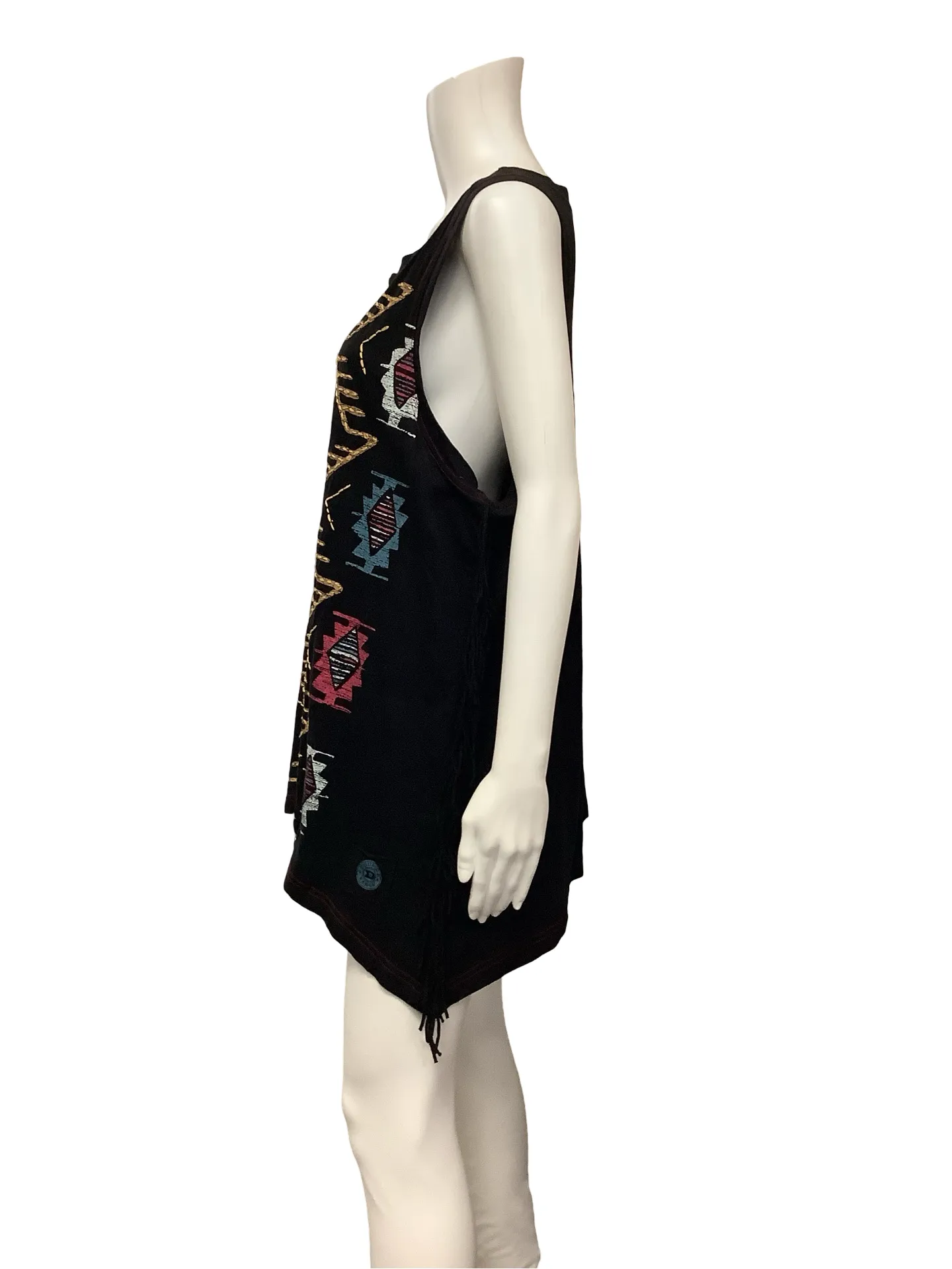 Double D Ranch Top Black Macrame Fringe Sleeveless Size: XL