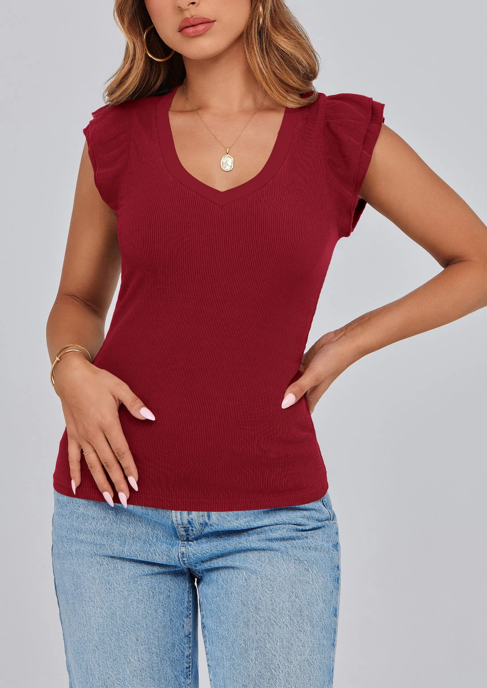 V Neck Ruffle Sleeveless Slim Fit Casual T-shirts