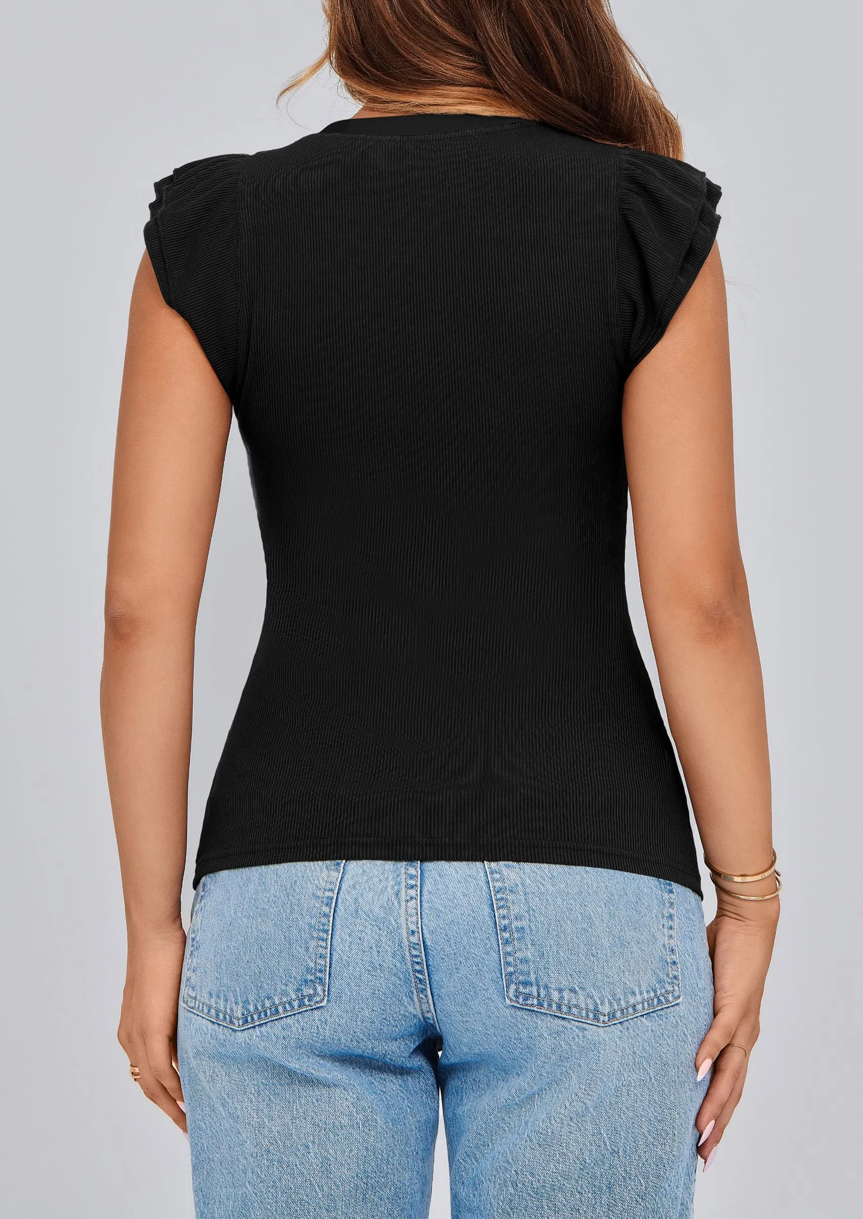 V Neck Ruffle Sleeveless Slim Fit Casual T-shirts