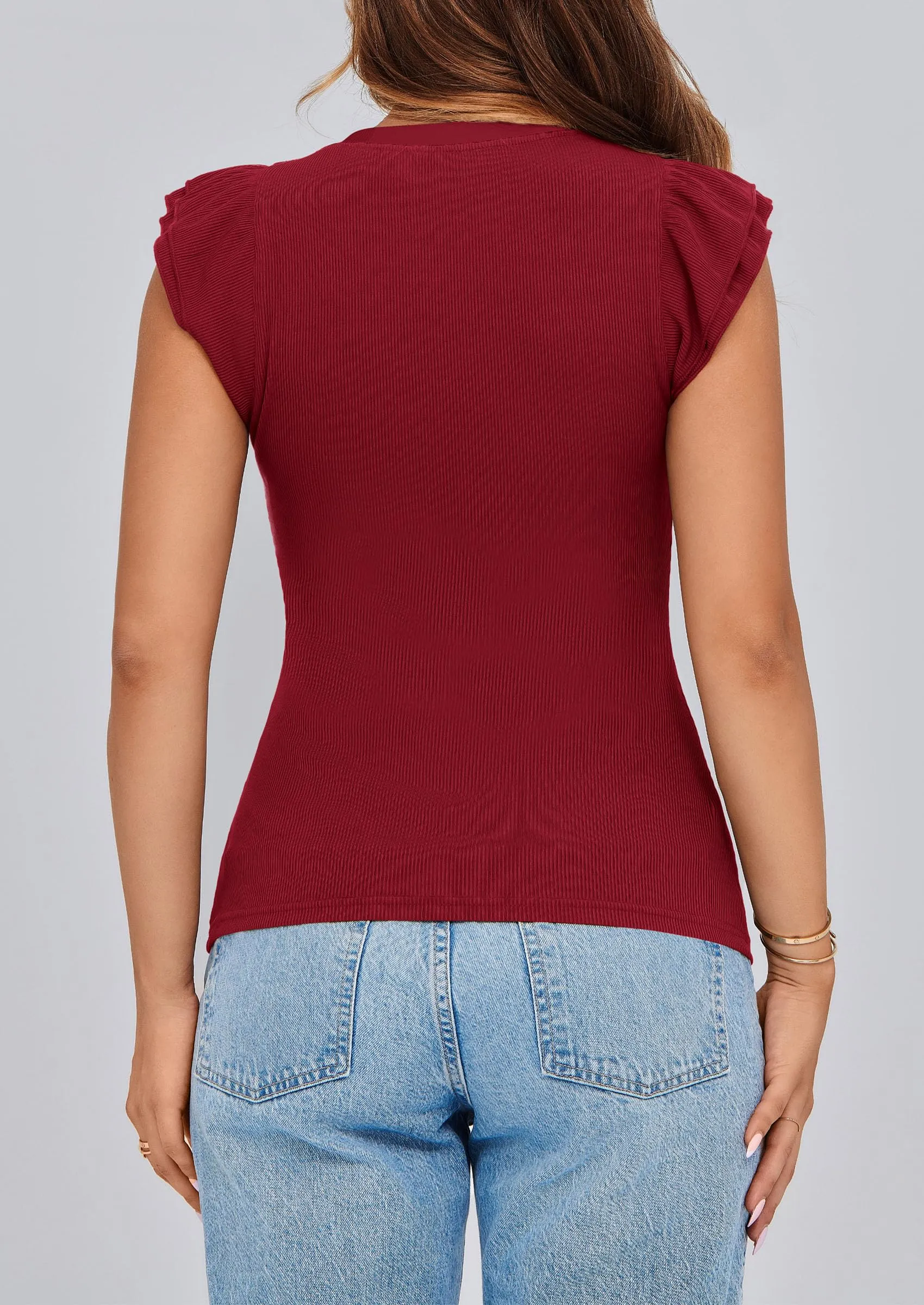 V Neck Ruffle Sleeveless Slim Fit Casual T-shirts