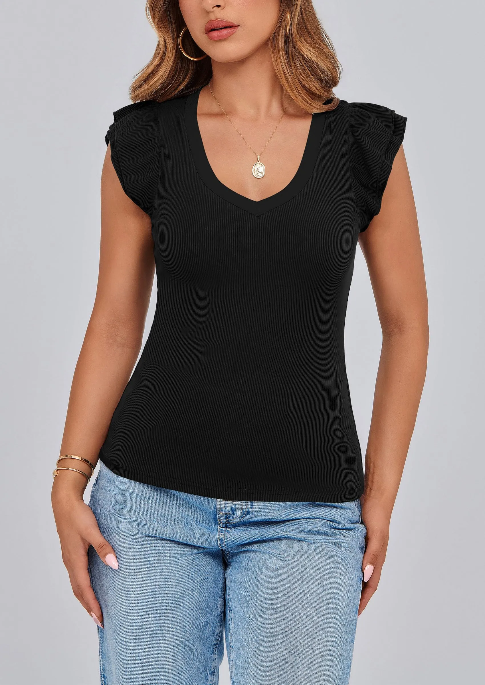 V Neck Ruffle Sleeveless Slim Fit Casual T-shirts
