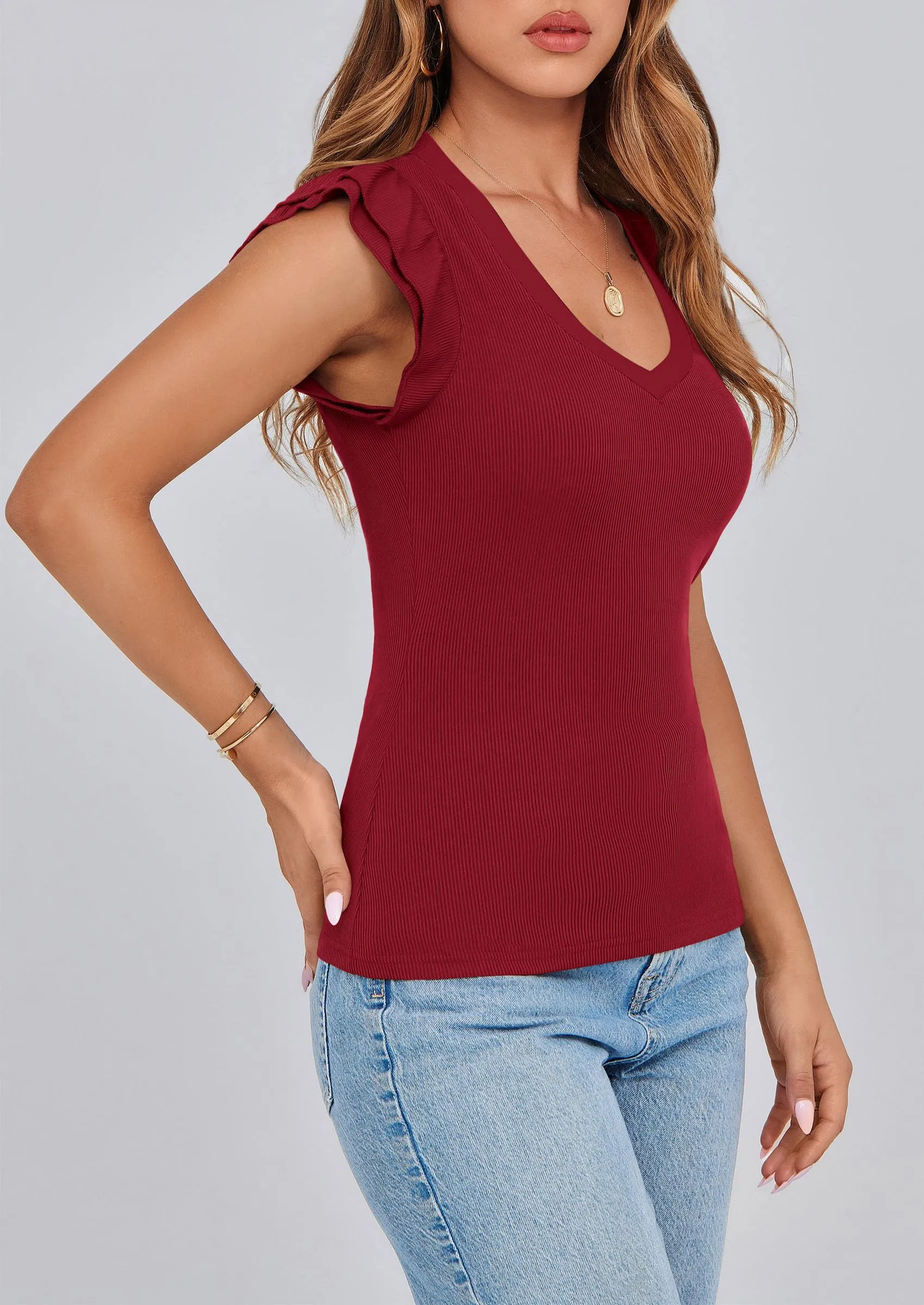 V Neck Ruffle Sleeveless Slim Fit Casual T-shirts
