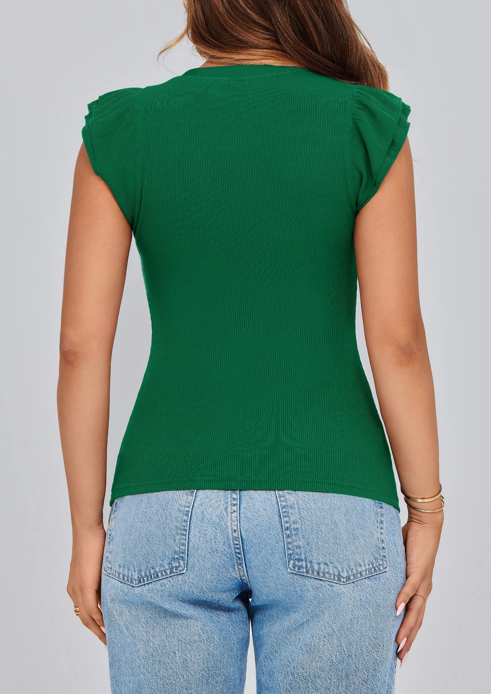 V Neck Ruffle Sleeveless Slim Fit Casual T-shirts