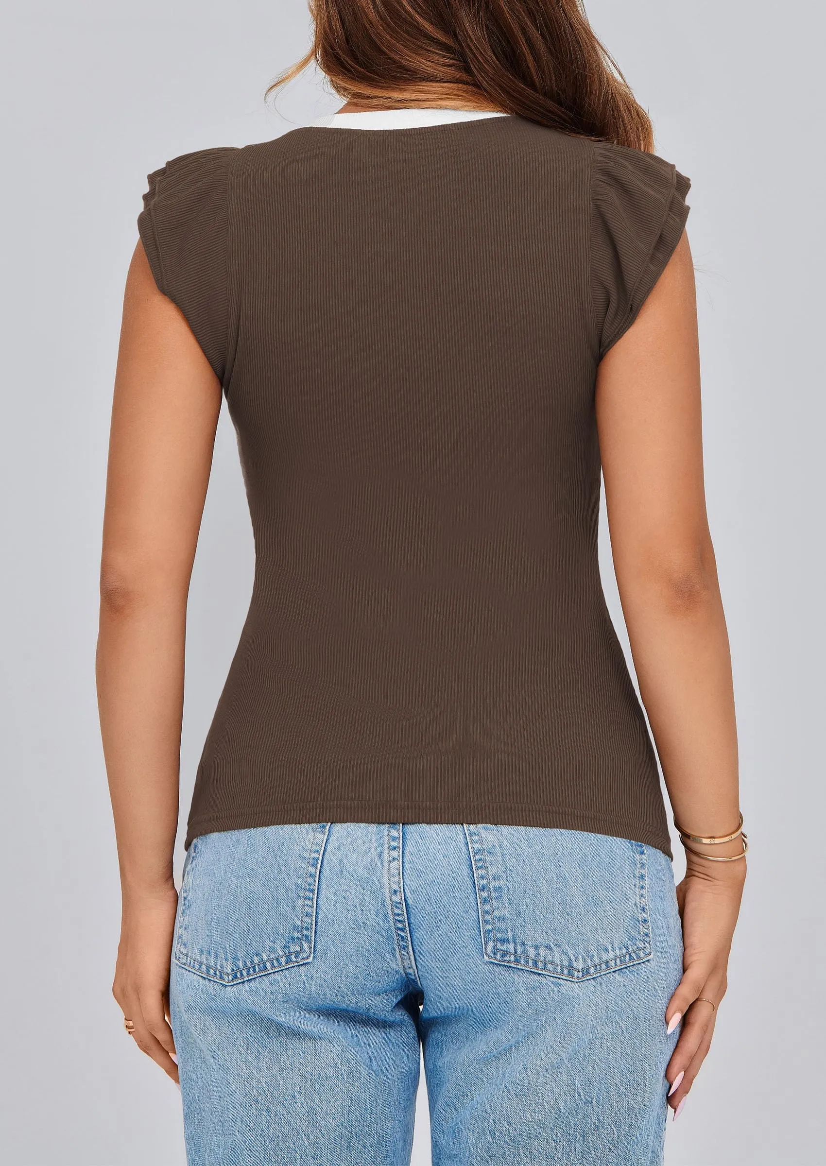 V Neck Ruffle Sleeveless Slim Fit Casual T-shirts