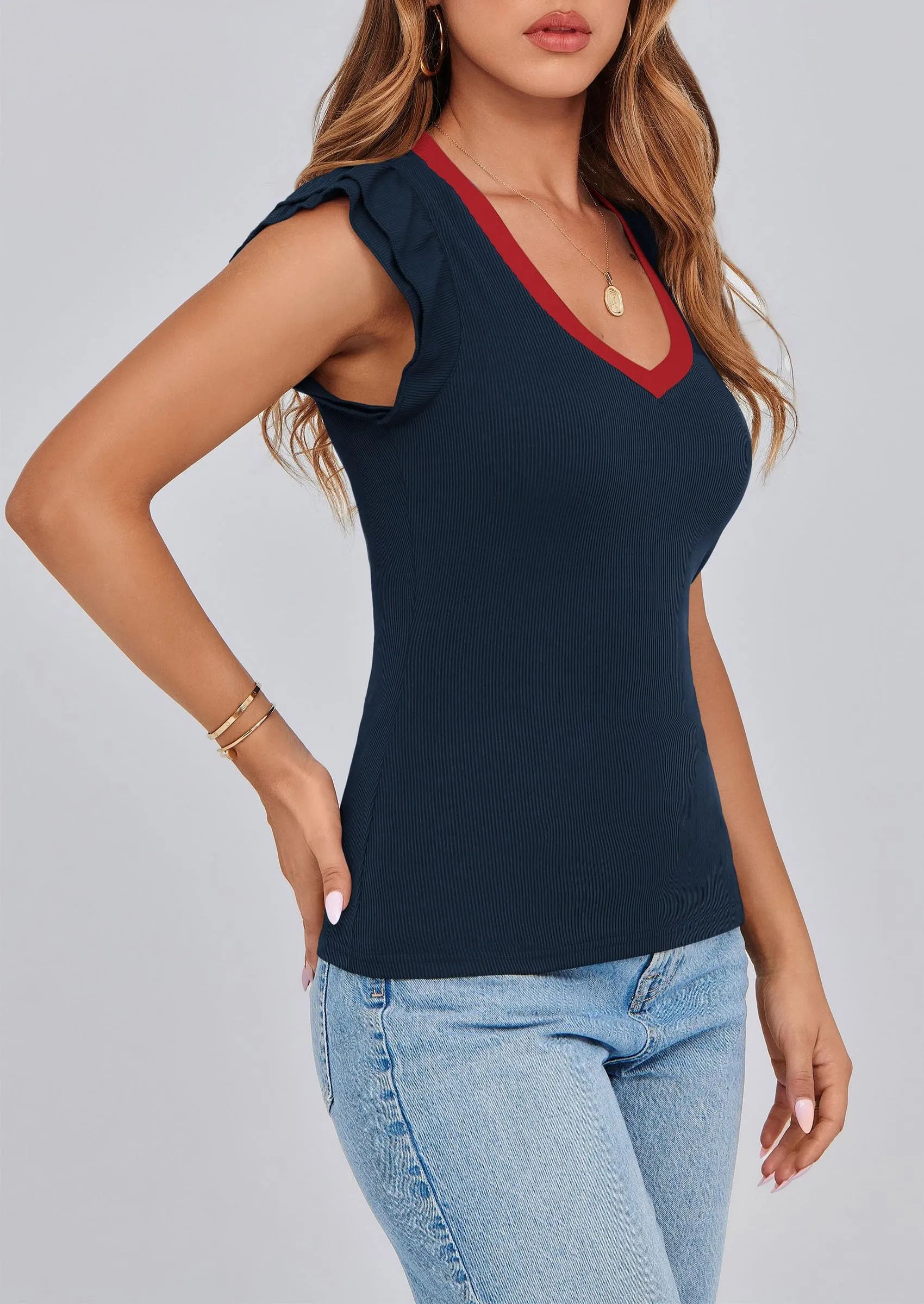 V Neck Ruffle Sleeveless Slim Fit Casual T-shirts