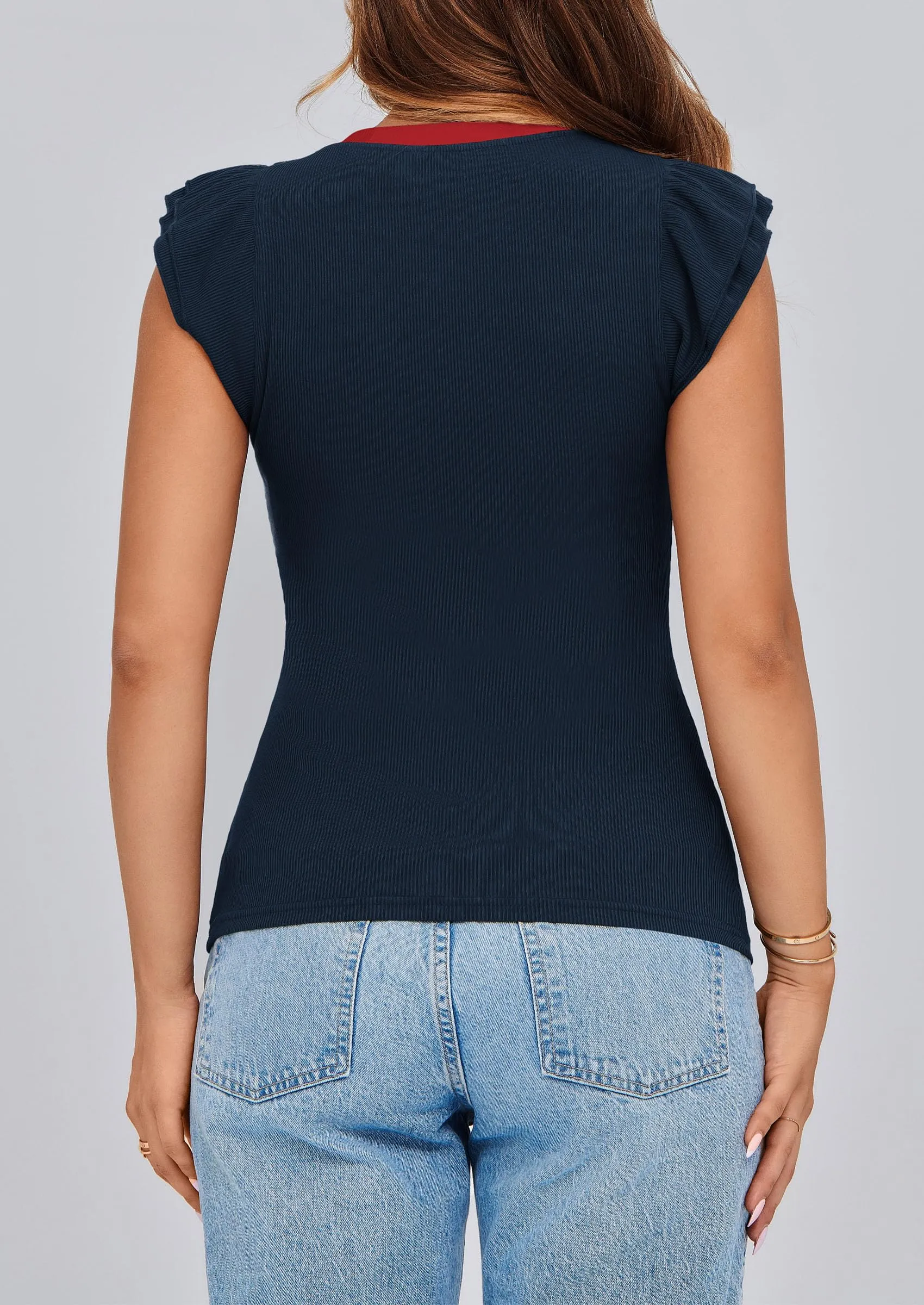 V Neck Ruffle Sleeveless Slim Fit Casual T-shirts