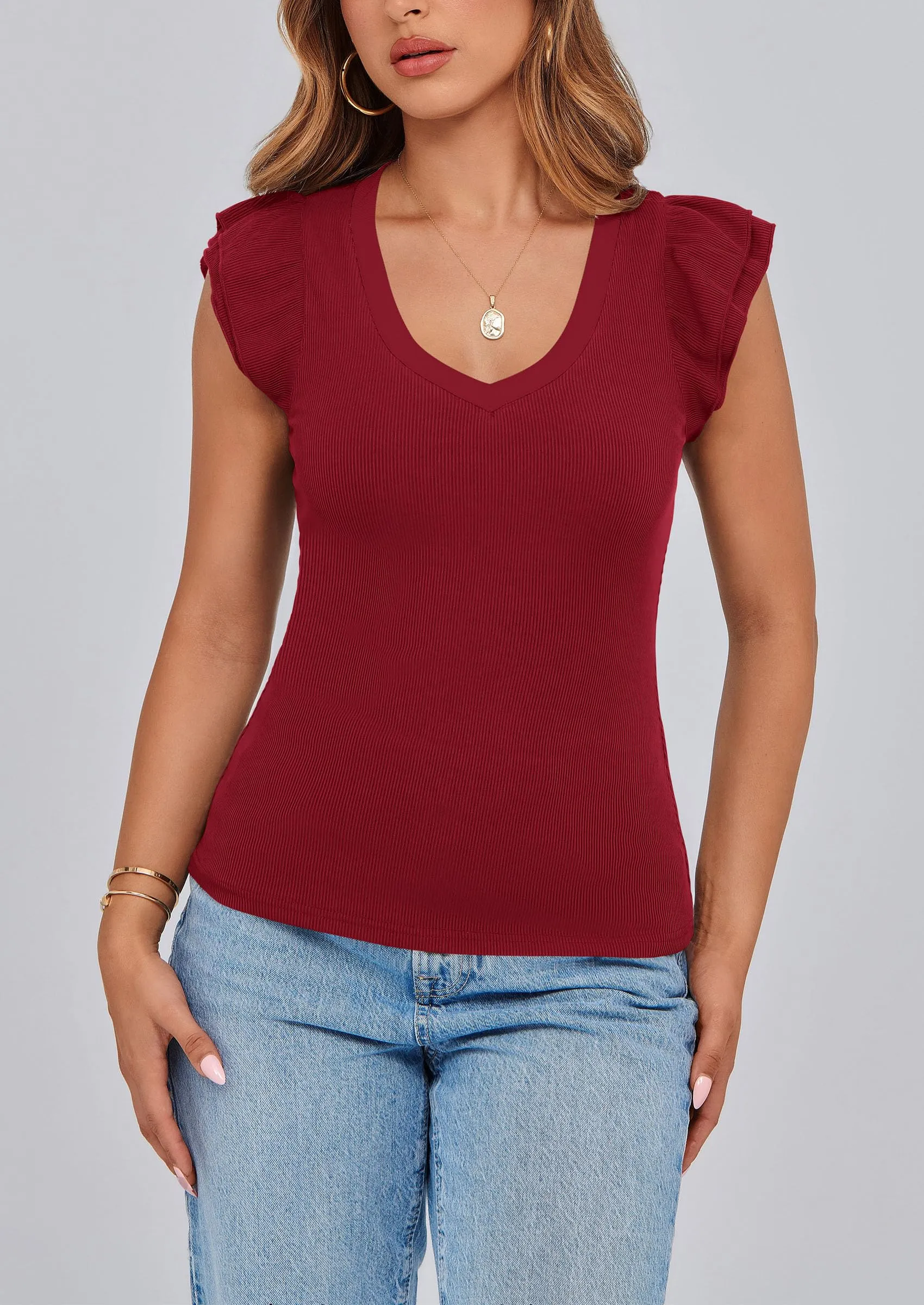 V Neck Ruffle Sleeveless Slim Fit Casual T-shirts