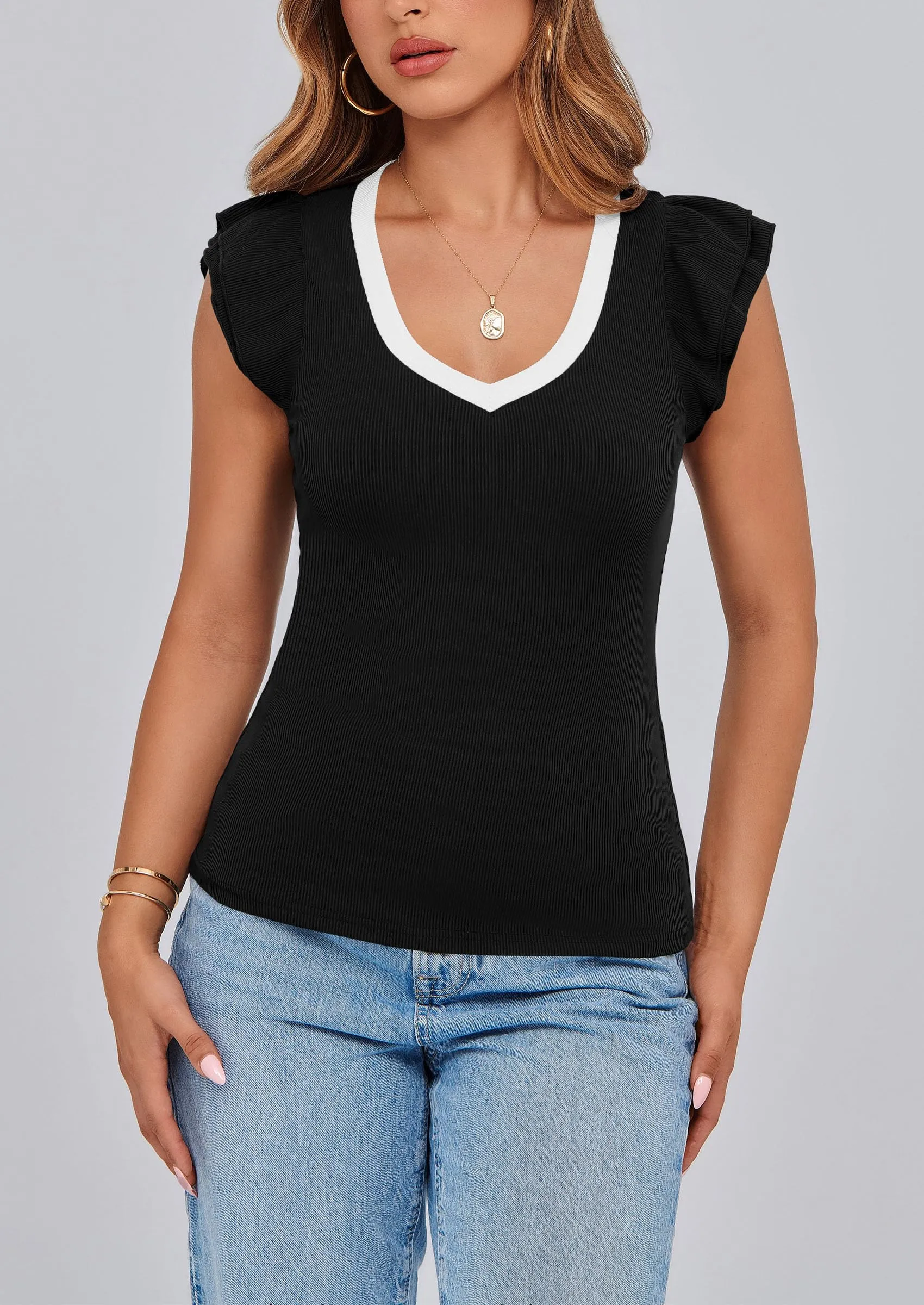 V Neck Ruffle Sleeveless Slim Fit Casual T-shirts