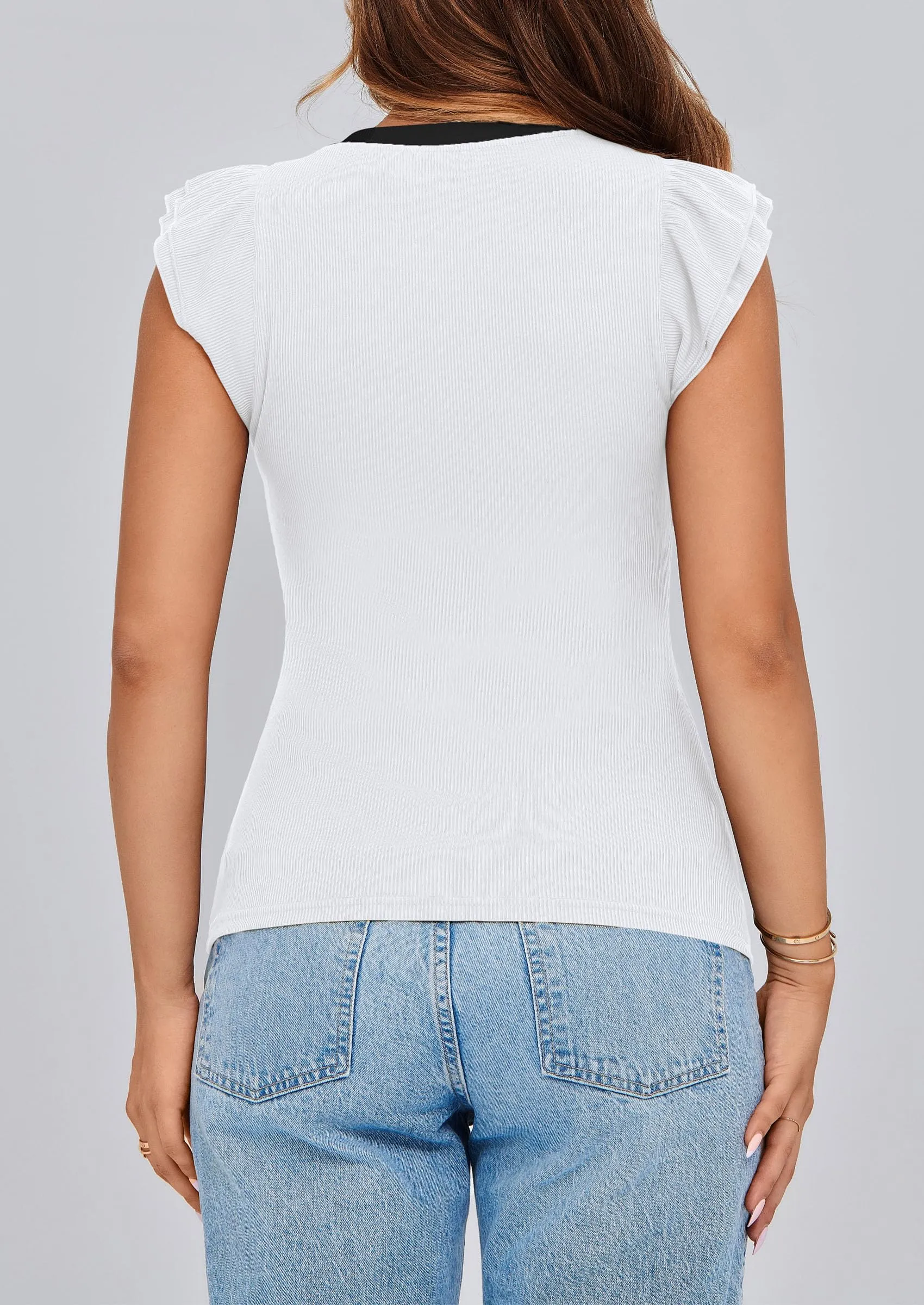 V Neck Ruffle Sleeveless Slim Fit Casual T-shirts