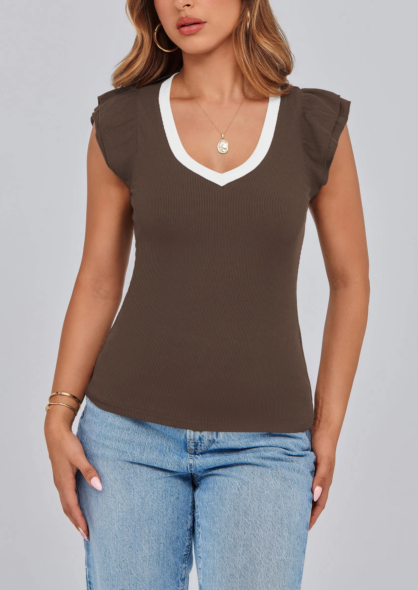 V Neck Ruffle Sleeveless Slim Fit Casual T-shirts