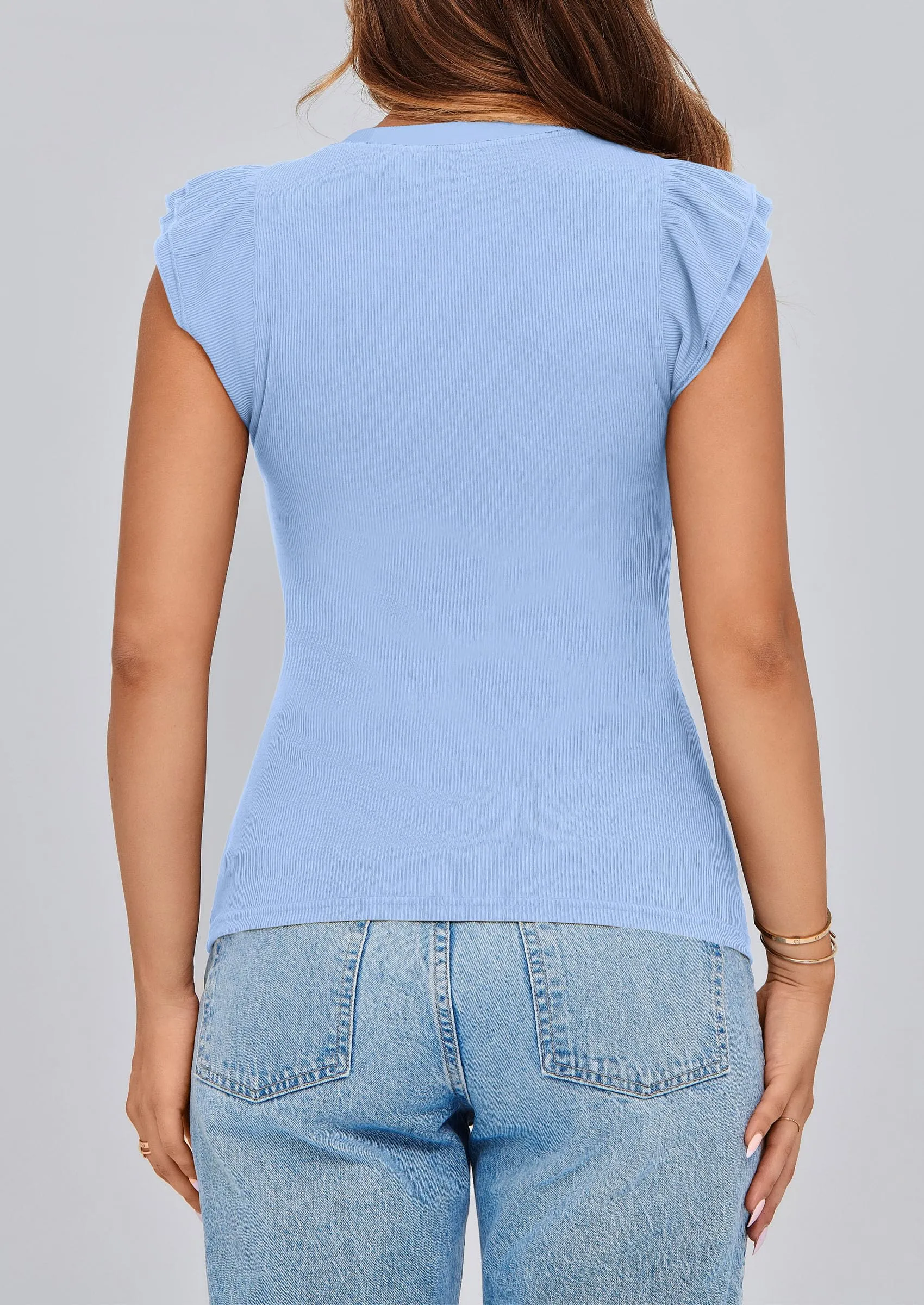 V Neck Ruffle Sleeveless Slim Fit Casual T-shirts