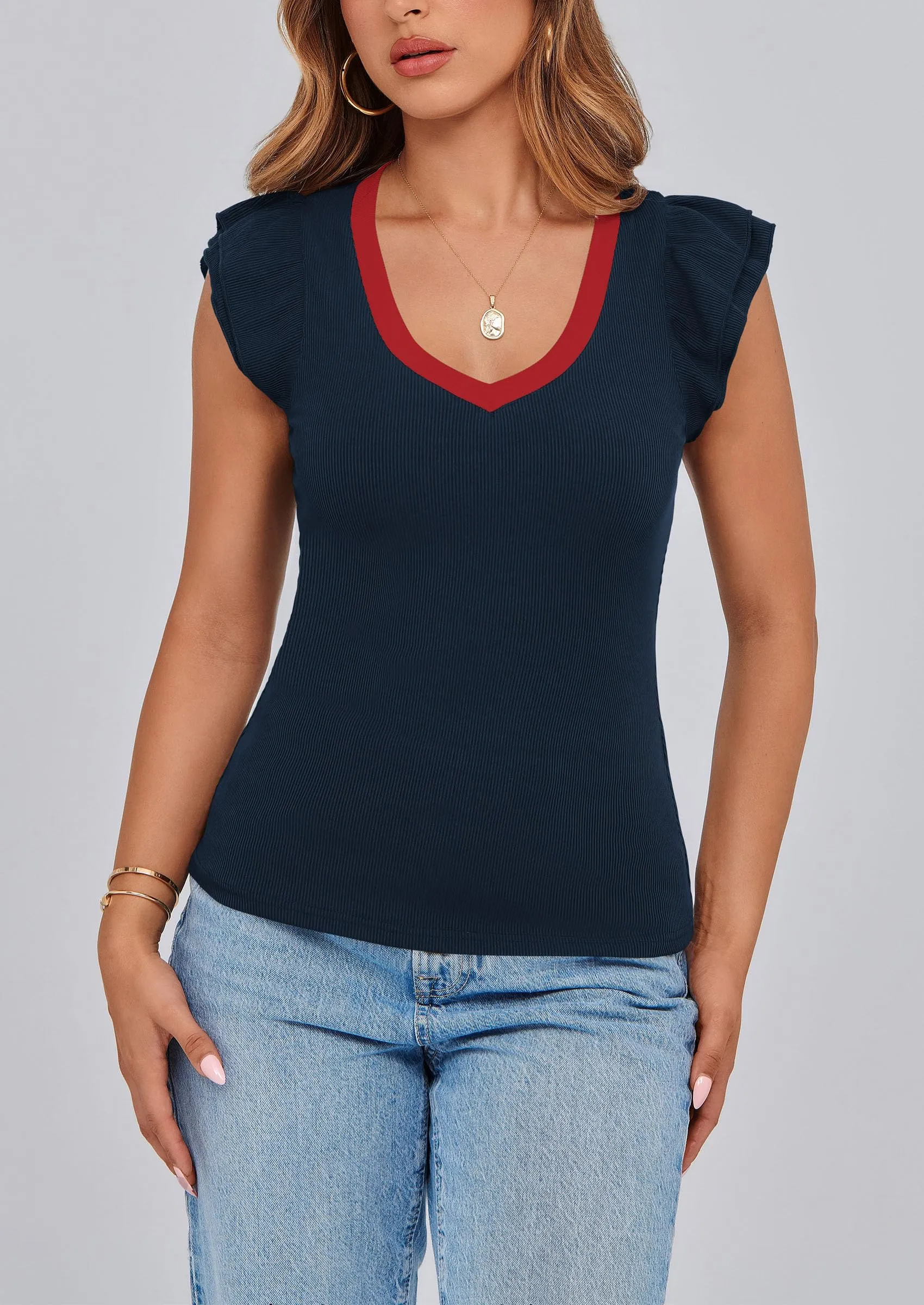 V Neck Ruffle Sleeveless Slim Fit Casual T-shirts